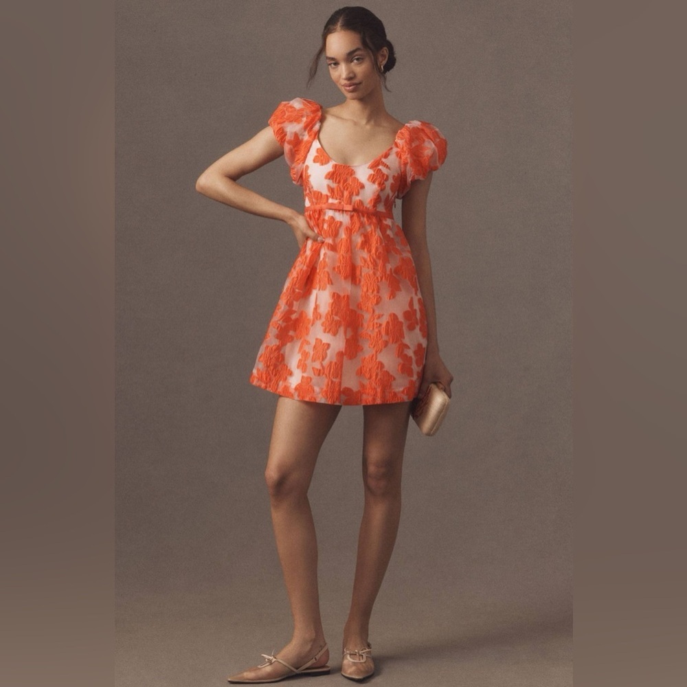 NWT Anthropologie Puff-Sleeve Scoop-Neck graduation spring floral Mini Dress S